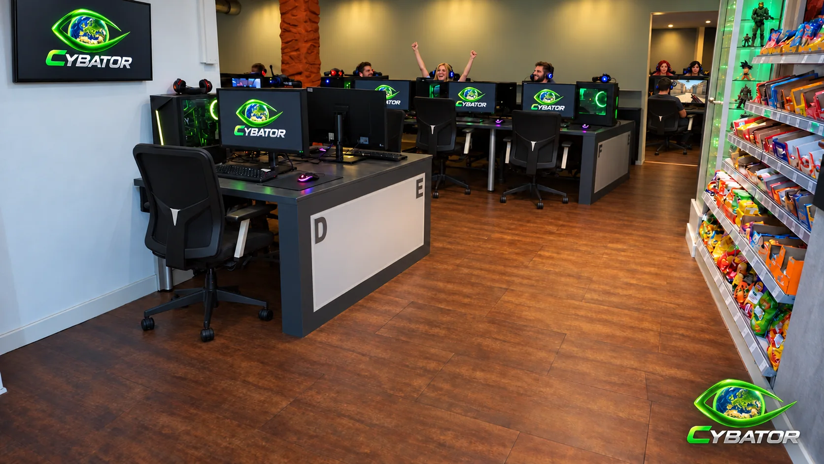 Gaming stations and snack shelves – Cybator